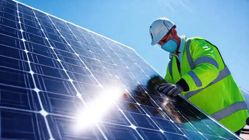 El panel solar se inspecciona con limpieza