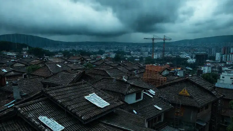 Construcción amenazante bajo un cielo oscuro