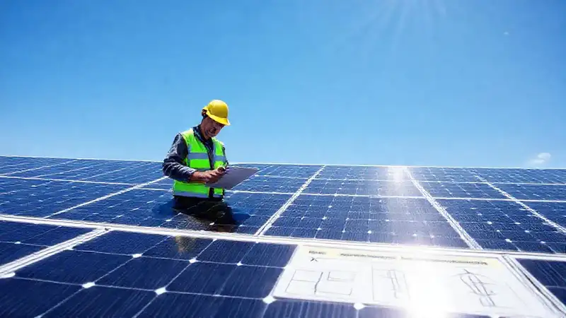 Técnico revisa paneles solares bajo el sol