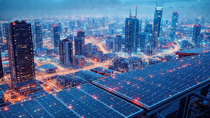 Ciudad futurista, energía tecnológica brillante