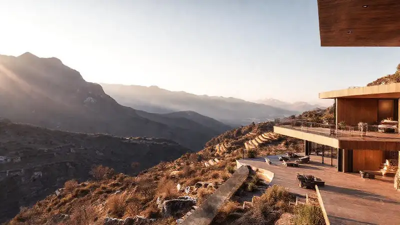 Casa de montaña moderna, vista panorámica serena
