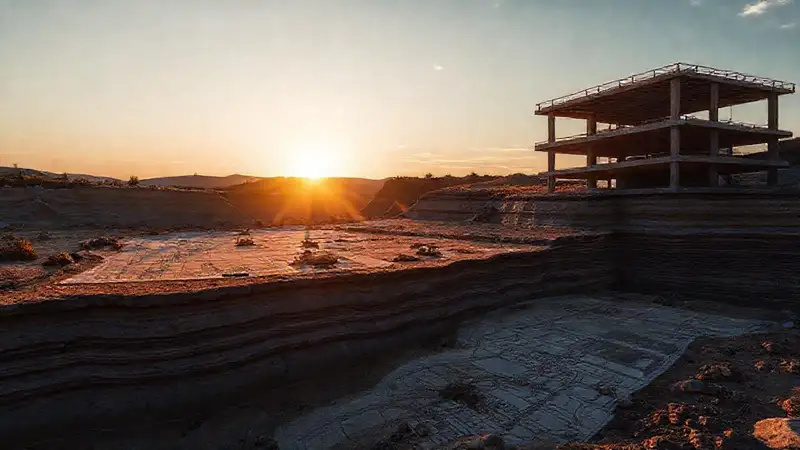 Planos técnicos de construcción iluminados al atardecer