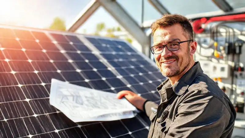 El técnico instala paneles solares con confianza