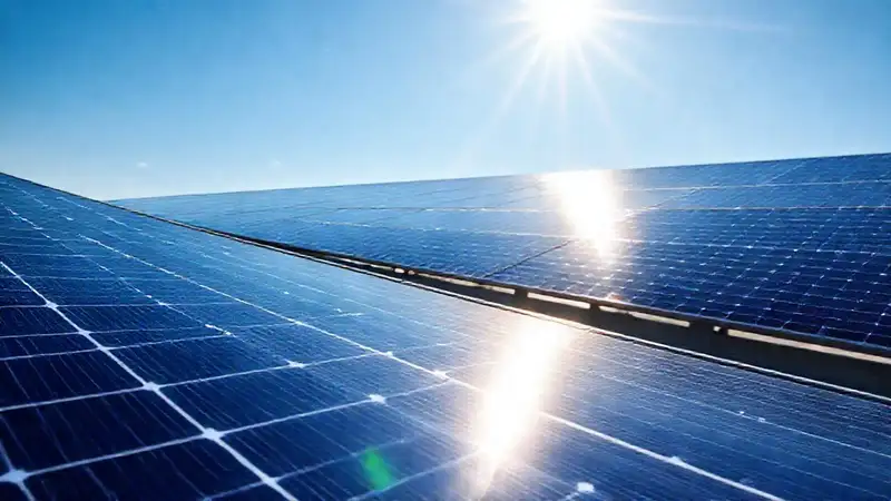 Paneles solares reflejan luz en cielo azul