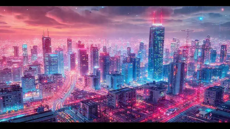 Ciudad futurista, energía eléctrica y datos