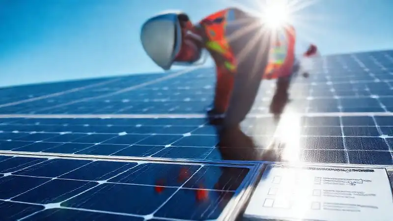 Técnico instala paneles solares de forma segura