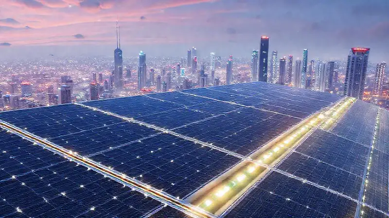 Paneles solares iluminan una ciudad futurista