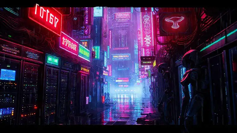 Ciudad cyberpunk digital y luminosa