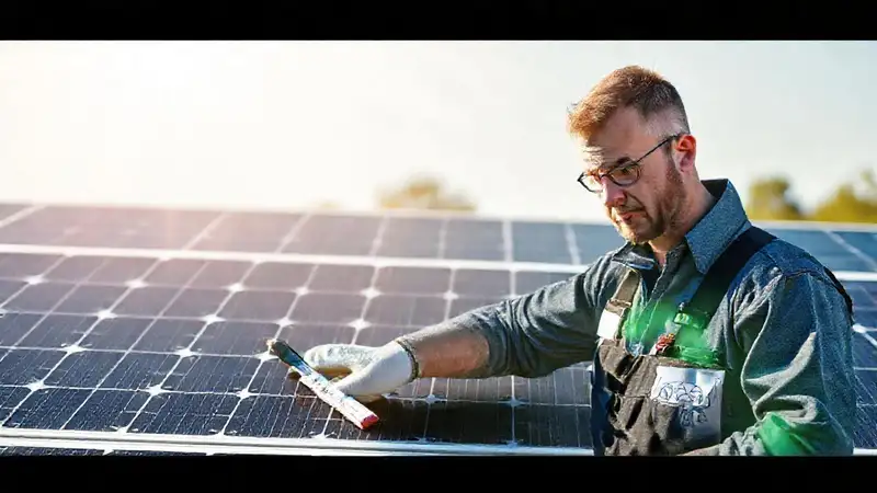 Tecnicos limpian paneles solares bajo sol