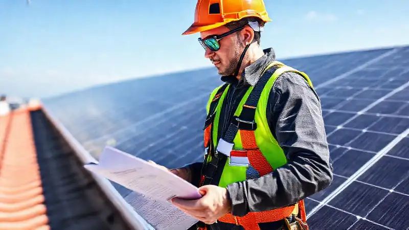 Trabajador solar revisa seguridad en tejado