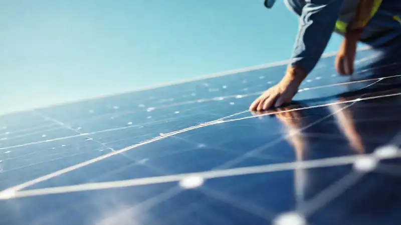 Un técnico inspecciona paneles solares brillantes