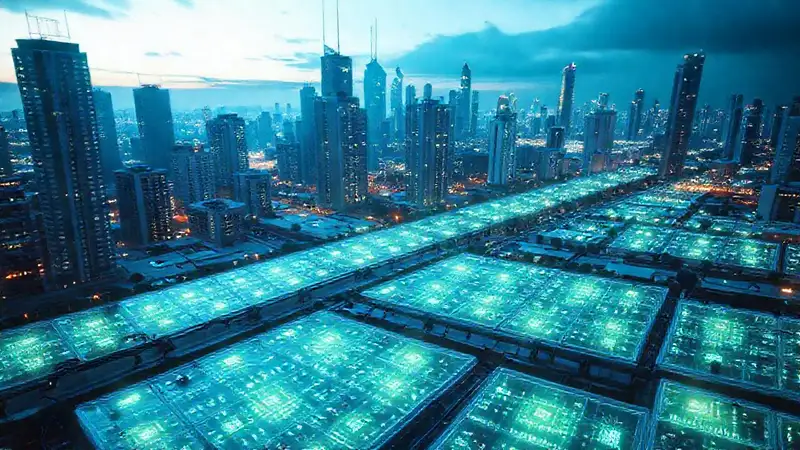 Ciudad futurista y energía sostenible brilla