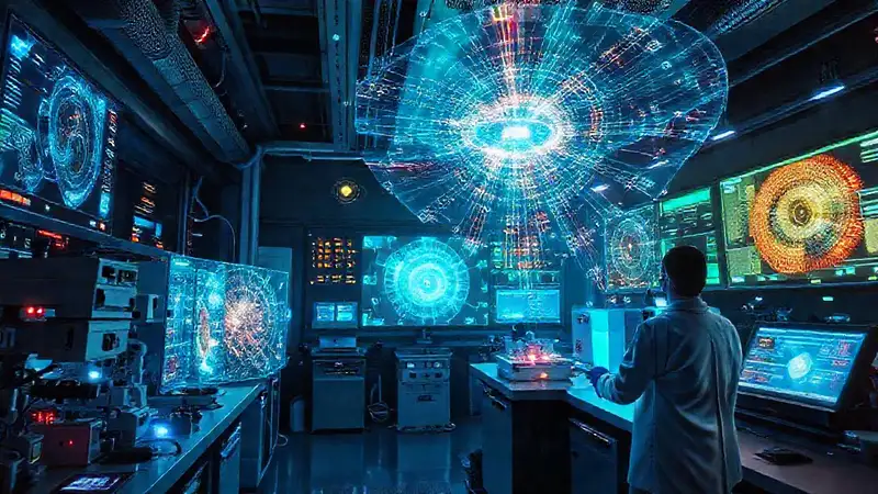 Un científico observa simulaciones futuristas brillantes
