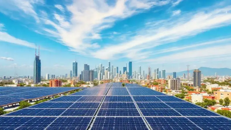 Paneles solares iluminan una ciudad futurista