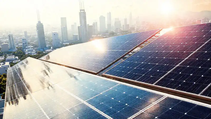 Paneles solares iluminan una ciudad futurista