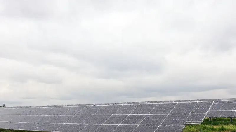 Paneles solares bajo un cielo nublado