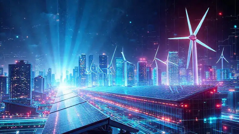 Ciudad futurista controla energía tecnológica brillante