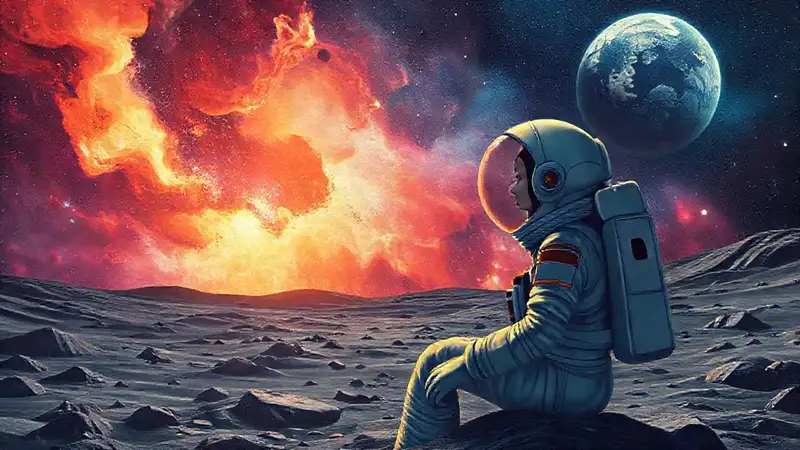 Astronauta en nebulosa, arte cósmico sereno
