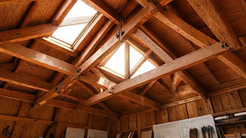 Un taller de carpintería con madera antigua