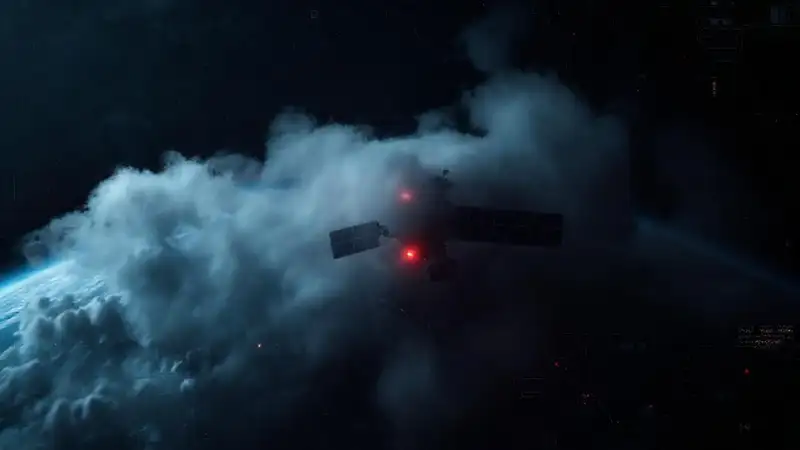 Satélite dañado, cubierto por nubes oscuras