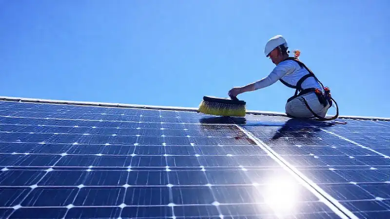 Profesionales limpian paneles solares en techos