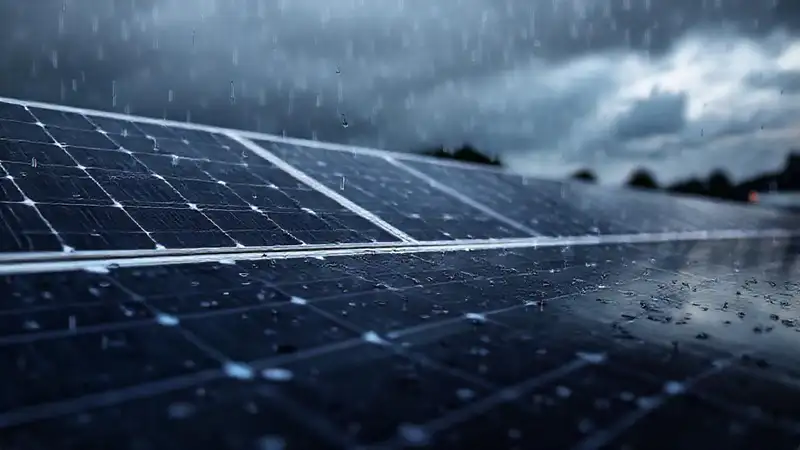 Paneles solares brillan bajo la lluvia