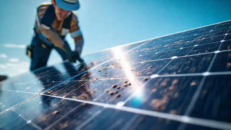 Técnico limpia paneles solares sucios