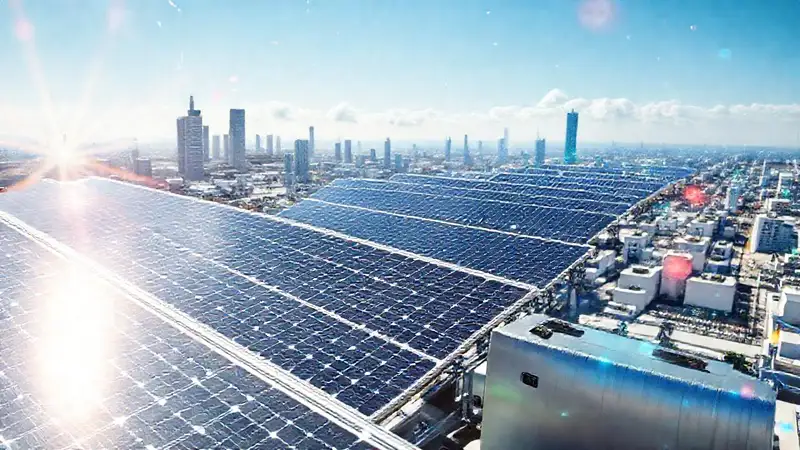 Energía solar brillante en ciudad futurista