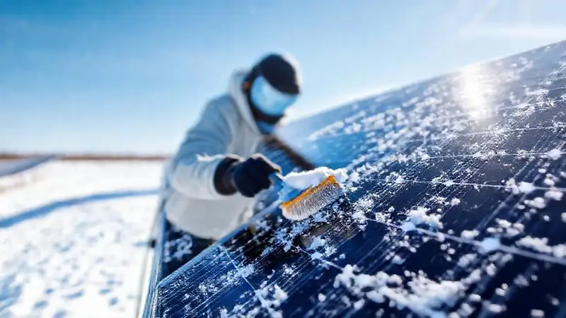 Técnico limpia paneles solares nevados