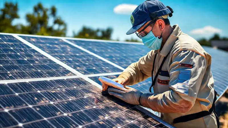 Técnico limpia paneles solares con cuidado