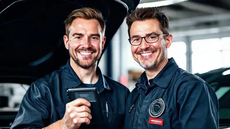 Técnico feliz diagnostica un motor brillante