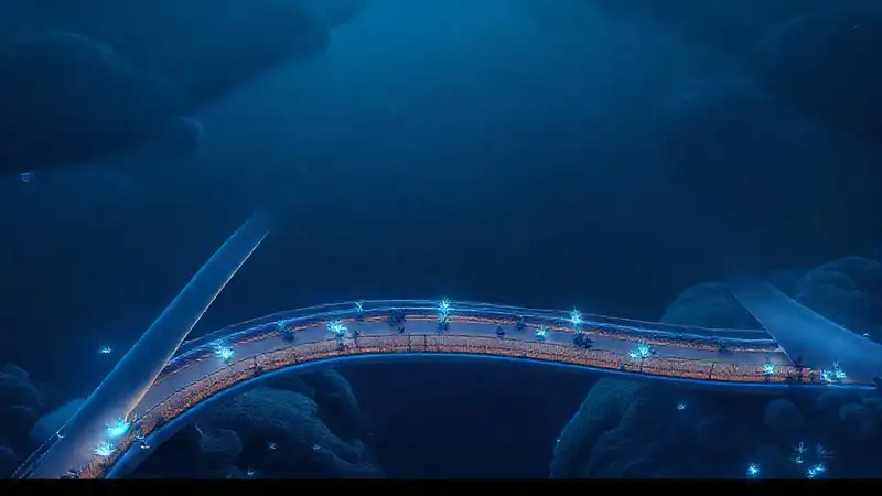 Puente futurista azul y orgánico brilla