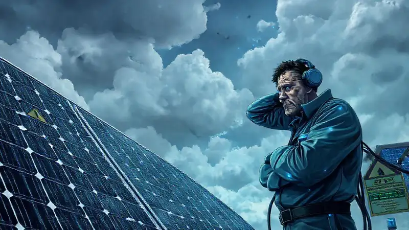 Paneles solares fallidos bajo un cielo nublado