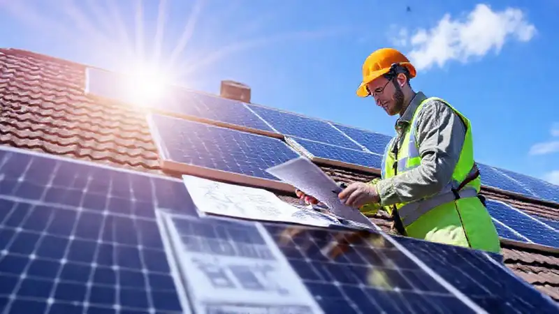 Técnicos inspeccionan paneles solares en techos
