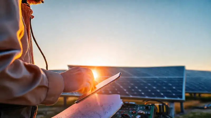 Técnicos diagnostican paneles solares al atardecer