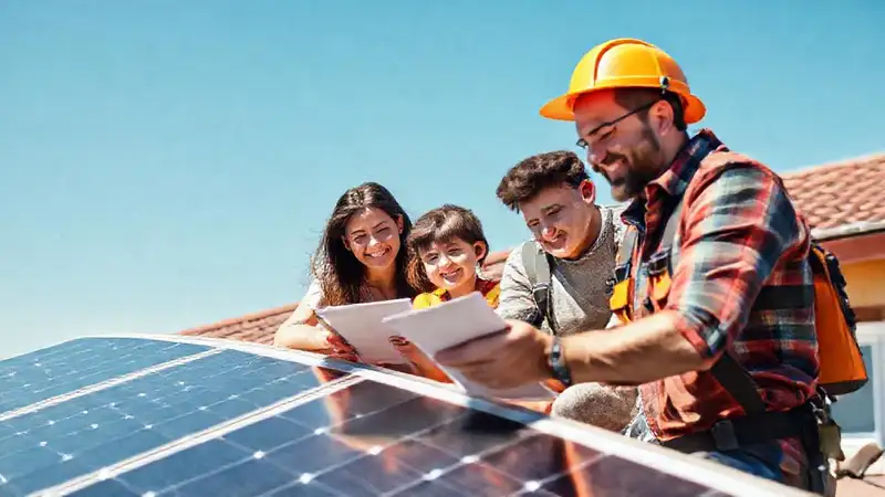 Familia feliz disfruta energía solar