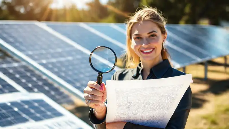 Mujer examina planos solares con confianza