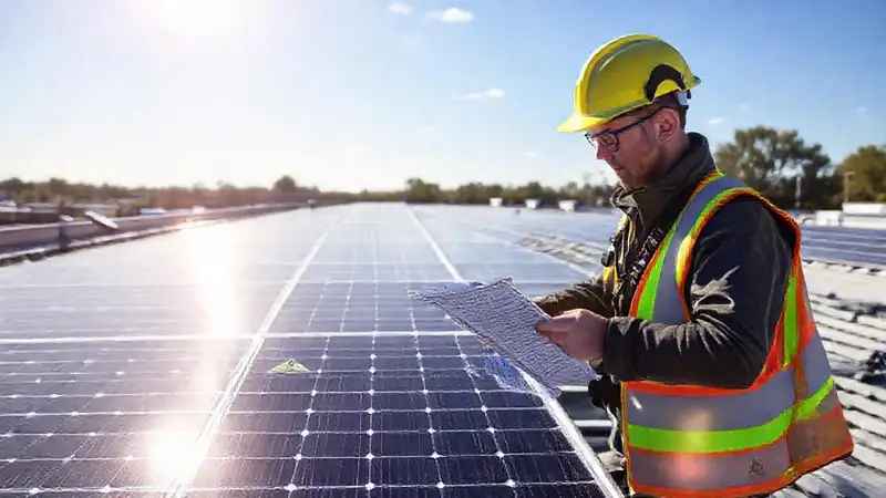Técnicos instalan paneles solares con seguridad