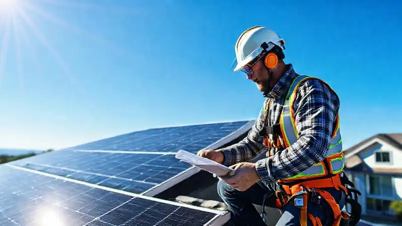 Un técnico instala paneles solares en techos