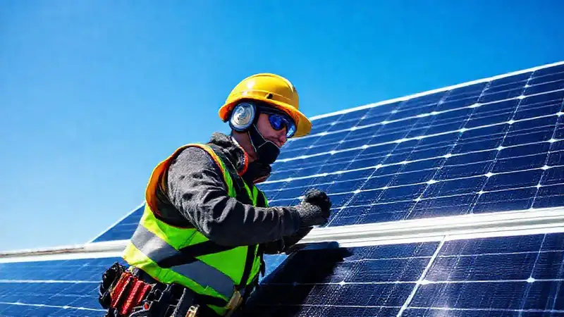 Técnico solar instala paneles con seguridad