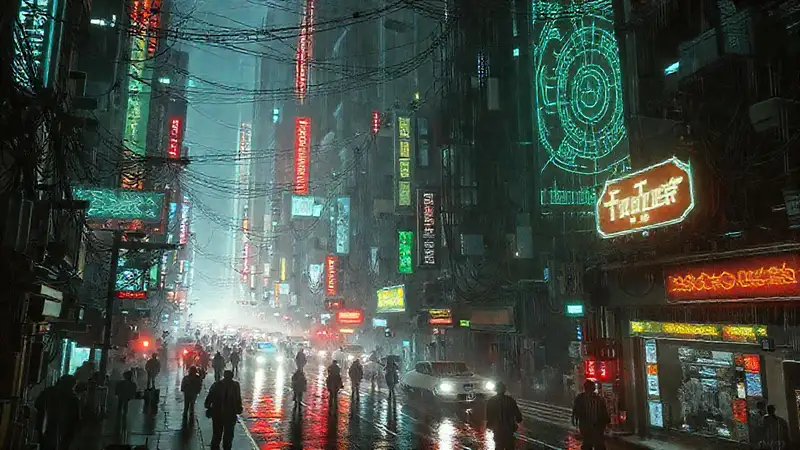 Ciudad cyberpunk futurista y oscura