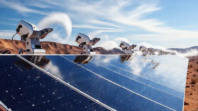 Coletores solares futuristas iluminan un paisaje árido