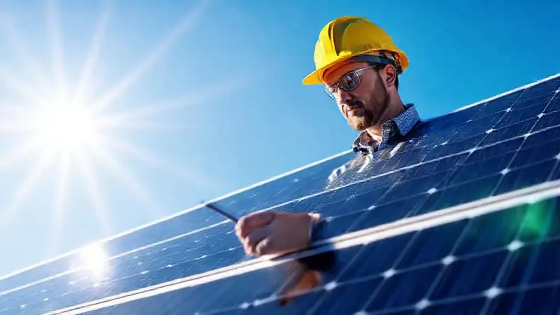 Un técnico revisa paneles solares brillantes