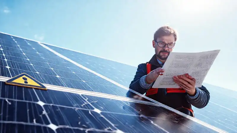 Técnico revisa paneles solares dañados
