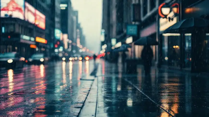 La ciudad lloviznosa refleja una tristeza acuosa
