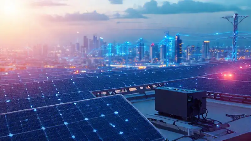Energía solar futurista ilumina la ciudad