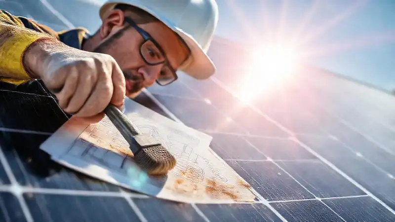 Instalador de paneles solares limpia su trabajo