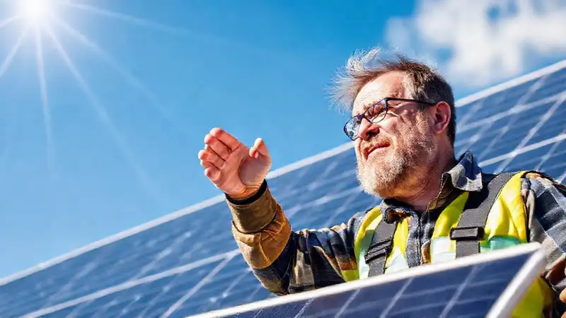 El técnico arregla paneles solares felices