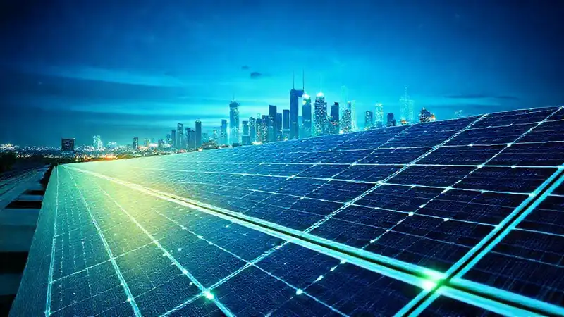 Paneles solares iluminan una ciudad futurista