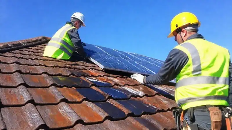 Profesionales instalan techos bajo un cielo azul